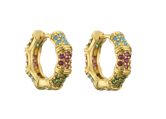 Mini Pavé Multicolored Bamboo Huggie Earrings